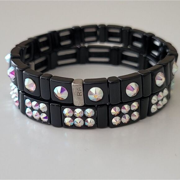 Bracelets Black Crystal Aurora Borealis Stretch Bracelets Set of 2 #0036 - Picture 4 of 13